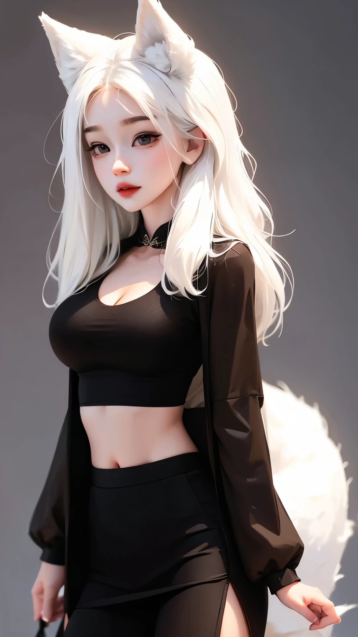White haired cute anime girl wearing a black skirt with mythical fox tails, big breast, blank background