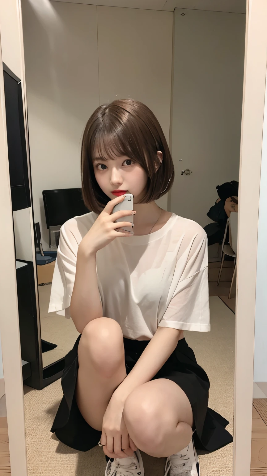 Japanese Beauty、Brown hair bob cut、Gal、Selfie、mini skirt、Hold your knees、Triangle sitting、Mirror photo、Reflected in the mirror、Thighs、、Sitting