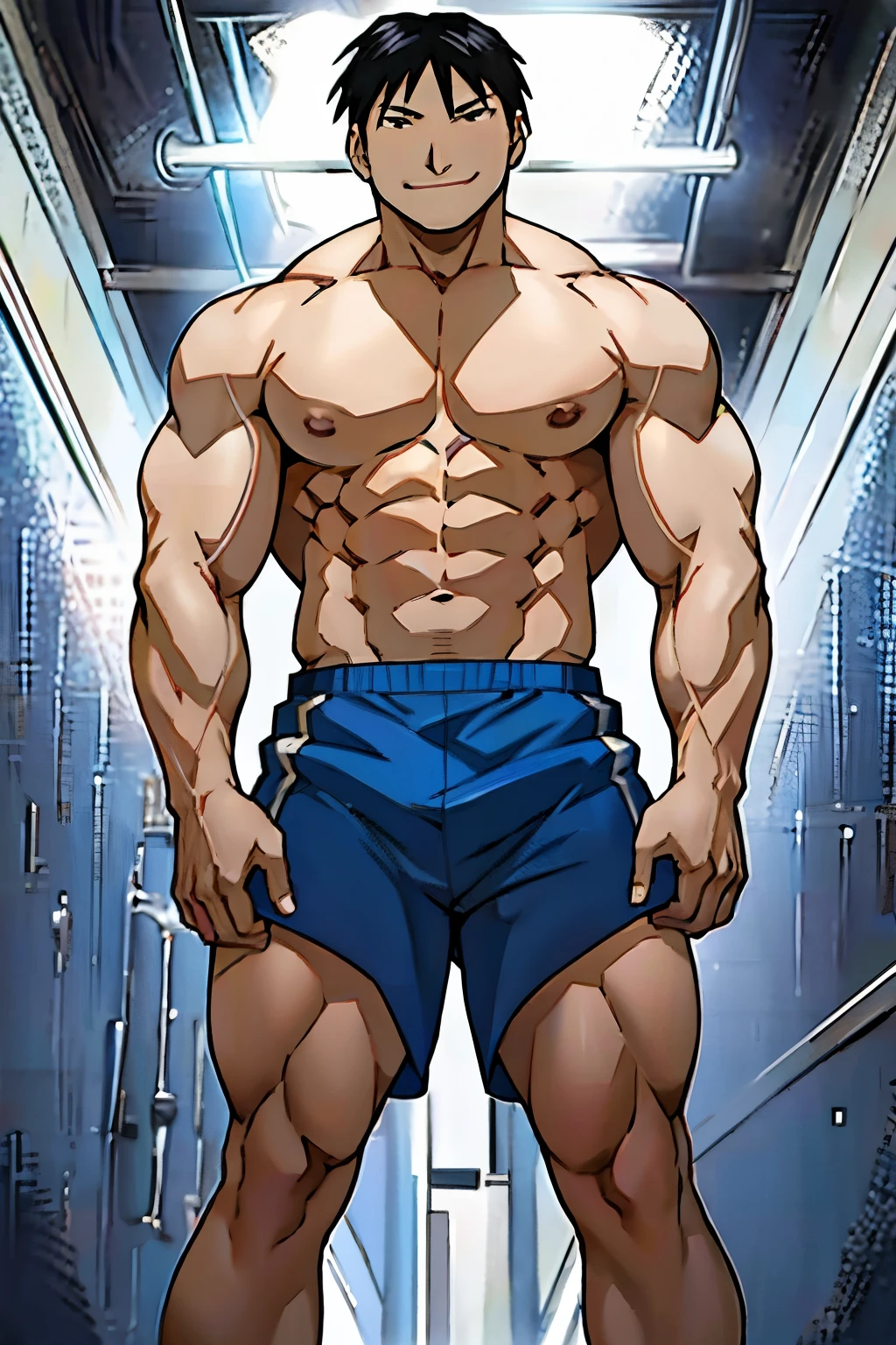 Roy Mustang from Full Metal Alchemist, bodybuilder, shirtless, smug smile, focused from below the chest