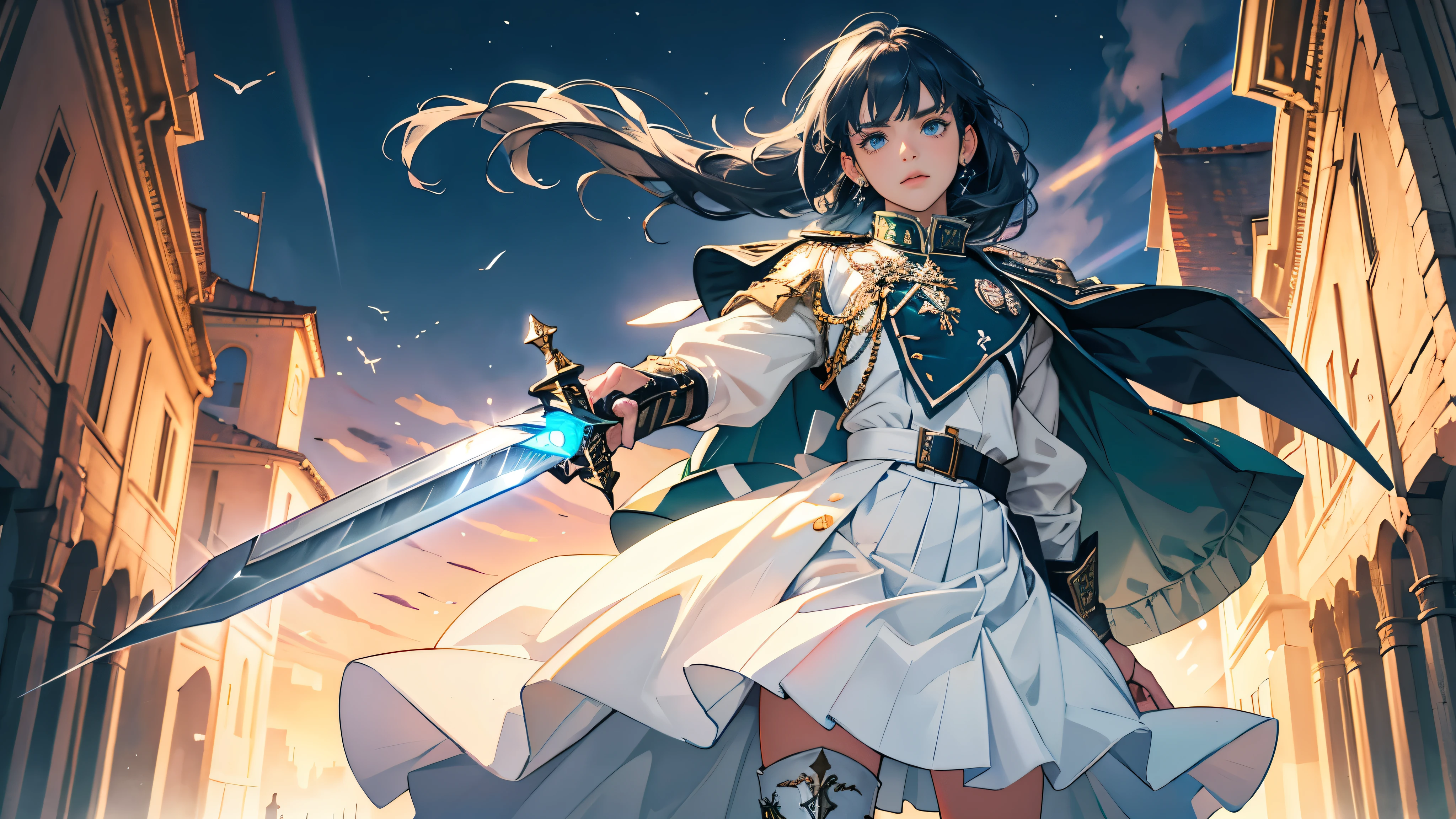 masterpiece, ultra detailed, 8k portrait, RAW photo, portrait photography, highly detailed face, beautiful and meticulous eyes, dark blue hair, long hair, blue eyes, white hair ribbon, green military uniform, green pleats mini skirt, white chest armor, white tights, half boots, spread legs, standing, (equip a beam sword:1.5), by the old castle, in mid night, from below