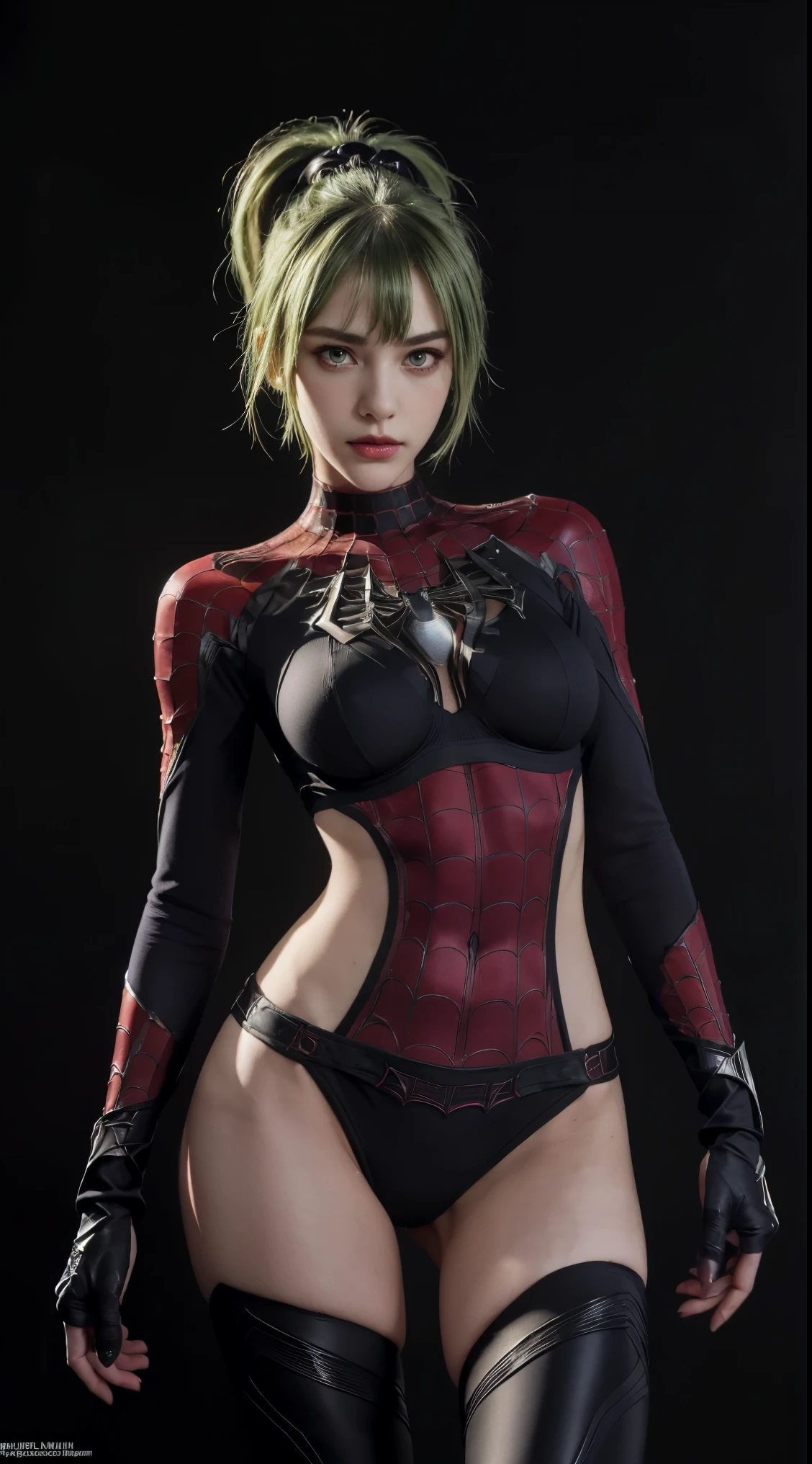 8K, Top Quality, Intricate Details, Ultra Detail, Ultra High Resolution, Masterpiece, close up shot, (full body: 1.1), Slender, Smile, (Makeup: 0.4), (Fluffy purple Eyes: 1.21), (()), 1girl, solo, 1 girl, ((green hair, bangs, high ponytail)), close up shot, , ((tall)), (((fit body))), (((slim face))), sharp face, (()) ,(detailed face), sharp face, small lips, , , ,
((, )), , ((black spideman suit, spiderman glove)), detailed face, detailed breast, , ((large breast, huge , , Narrow Waist, Skinny, tall , 190 cm tall, Muscular, Navel, Exposed Abdomen, Pointed Chest,, Beautiful girl with accentuated slender abs: 1.4, Six Pack Abs: 1.4, Bust Botox, Big, Perfect Body, detail legs, (( dark background)), black background,