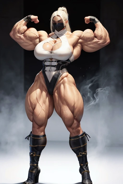 ((((Massive, tall, beautiful, buff, light brown skinned muscular woman with white hair, black lipstick, ginormous bulky muscles and wearing a white female mortal kombat ninja leotard)))), (massive muscles), massive biceps, hyper muscle triceps, (long straight hair), blue eyes, high heels boots, smirking, in outworld, confident smile, hyper muscles arms, hyper muscle legs, (ginormous arms).