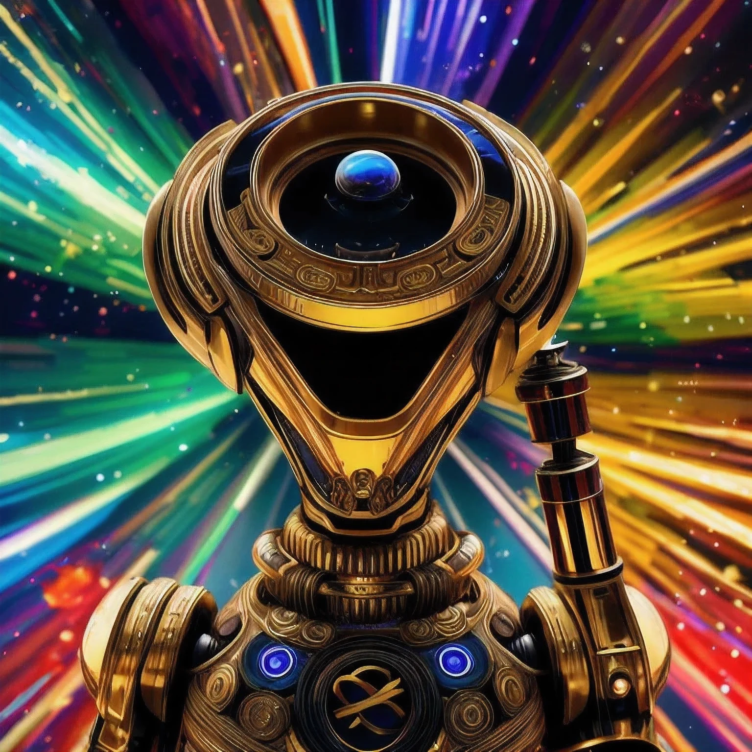 there is a gold robot with a big hat on top of a rock, small character. unreal engine 5, highly detailed textured 8 k, highly detailed textured 8k, rendered in redshift, super highly detailed, super detailed render, created in unreal engine 5, made in unreal engine 5, rendered in unreal engine 5, hyperdetailed fantasy character, sci-fi highly detailed，a close up of a toy figure of a robot with a scarf, c3po, gold sci - fi armour, the golden humanoid robot, the golden cat armor knight, sofubi, goblin, heavy gold obsidian armor, gold obsidian armor, super highly detailed, masterpiece fine details, full body close-up shot, 2023 4k，Seabed ice sheet background（（（Idol stage））），detailed armor, ornate headdress, samurai helmet（（（Dynamic rotating concentric circles）））（Dynamic rotation of concentric circles）Mandala is the result of the long journey of creating concentric circles of liquid color, there is a glass bowl with a green and purple swirl inside, simulacrum of a space fungus, alien flower, distant nebula are glowing algae, inspired by Otto Piene, inspired by Earnst Haeckel, top down extraterrestial view, covered with ferrofluid. dslr, translucent algae ornate, the eye of the universe, anatomical fractal，which interact through transparency, refraction, reflection, and collision. The ultimate goal is to showcase unique, detailed, and aesthetically pleasing images that capture the audience's attention through their initial visual impact and stunning details in liquid interactions，there is a cake with a red and yellow center on a blue plate, inspired by Otto Piene, victor antonov, culinary art photography, inspired by Graham Sutherland, colorful ferrofluid armor, inspired by Anish Kapoor, alexandra fomina, david kassan, by Jan Rustem, rudolf is hired, sergey krasovskiy, kai vermehr