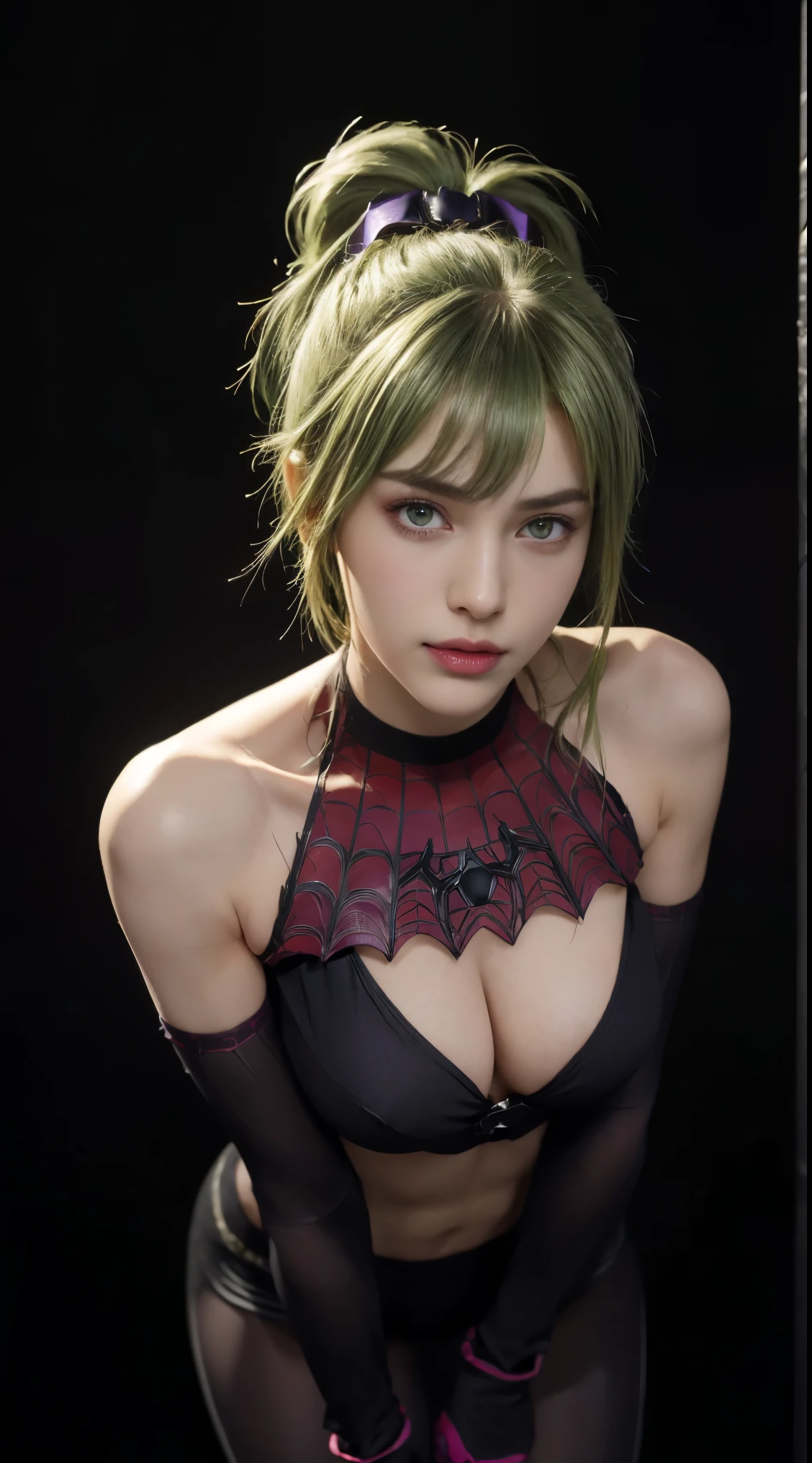 8K, Top Quality, Intricate Details, Ultra Detail, Ultra High Resolution, Masterpiece, close up shot, (full body: 1.1), Slender, Smile, (Makeup: 0.4), (Fluffy purple Eyes: 1.21), (()), 1girl, solo, 1 girl, ((green hair, bangs, high ponytail)), close up shot, , ((tall)), (((fit body))), (((slim face))), sharp face, (())  ,(detailed face), sharp face, small lips, , , ,
 ((, )), , ((black spideman suit, spiderman glove)), detailed face, detailed breast, , ((large breast, huge , , Narrow Waist, Skinny, tall , 190 cm tall, Muscular, Navel, Exposed Abdomen, Pointed Chest,, Beautiful girl with accentuated slender abs: 1.4, Six Pack Abs: 1.4, Bust Botox, Big, Perfect Body, detail legs, (( dark background)), black background,