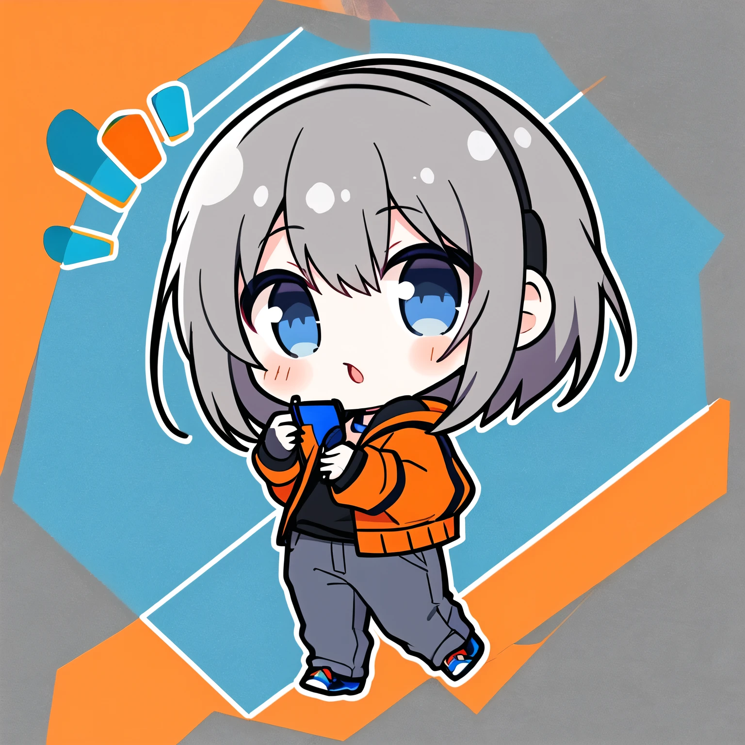 masterpiece, 1boy, dark gray hair, blue eyes, black headphones, orange jacket, , immature, orange shoes, blue pants, black hand bands, black shirt, chibi