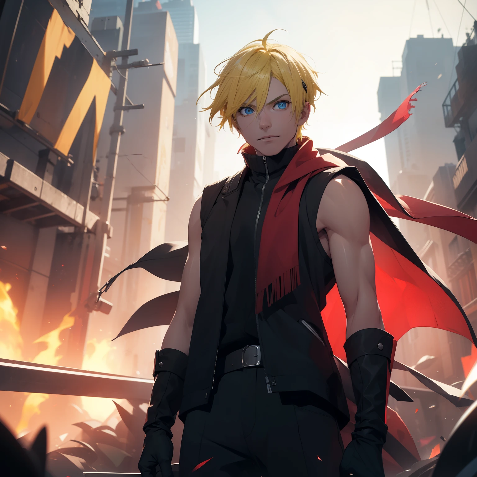 (26 years old), (male), (Yellow hair), (Blue eyes), (Straight Hair), (Short hair), red scarf, red vest, sleeveless, black pants, black gloves, slim, up to legs