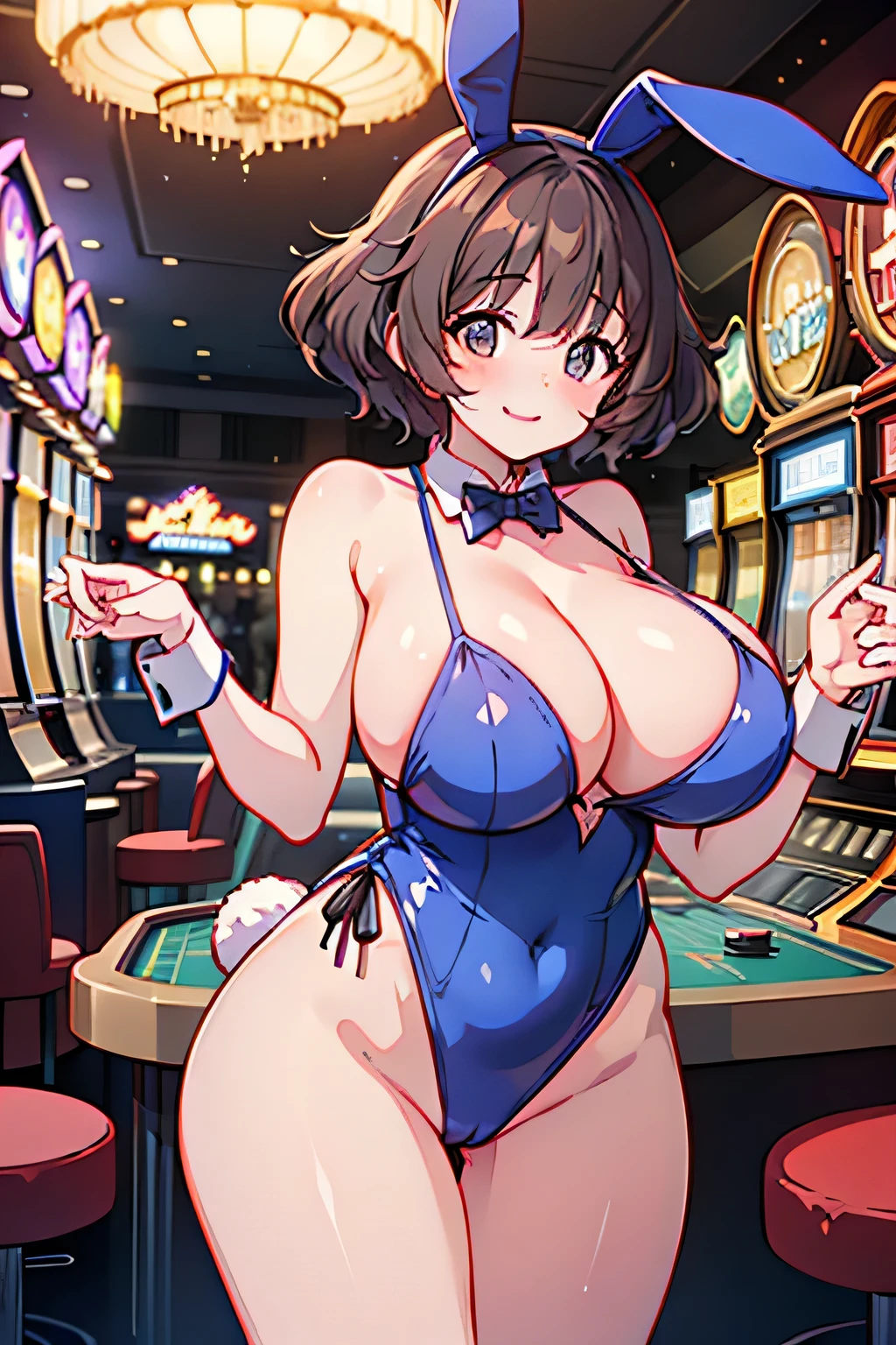 Anime illustration、highest quality、cyber punk、Luxury Casino、Giant roulette wheel、Slot Machines、chandelier、Voluptuous gravure idol、Brown skinned bunny girl、Bunny ears、Perfect proportions、Big Breasts、Thick legs、Beautiful, shining eyes、smile、Cowboy Shot、Noise Reduction