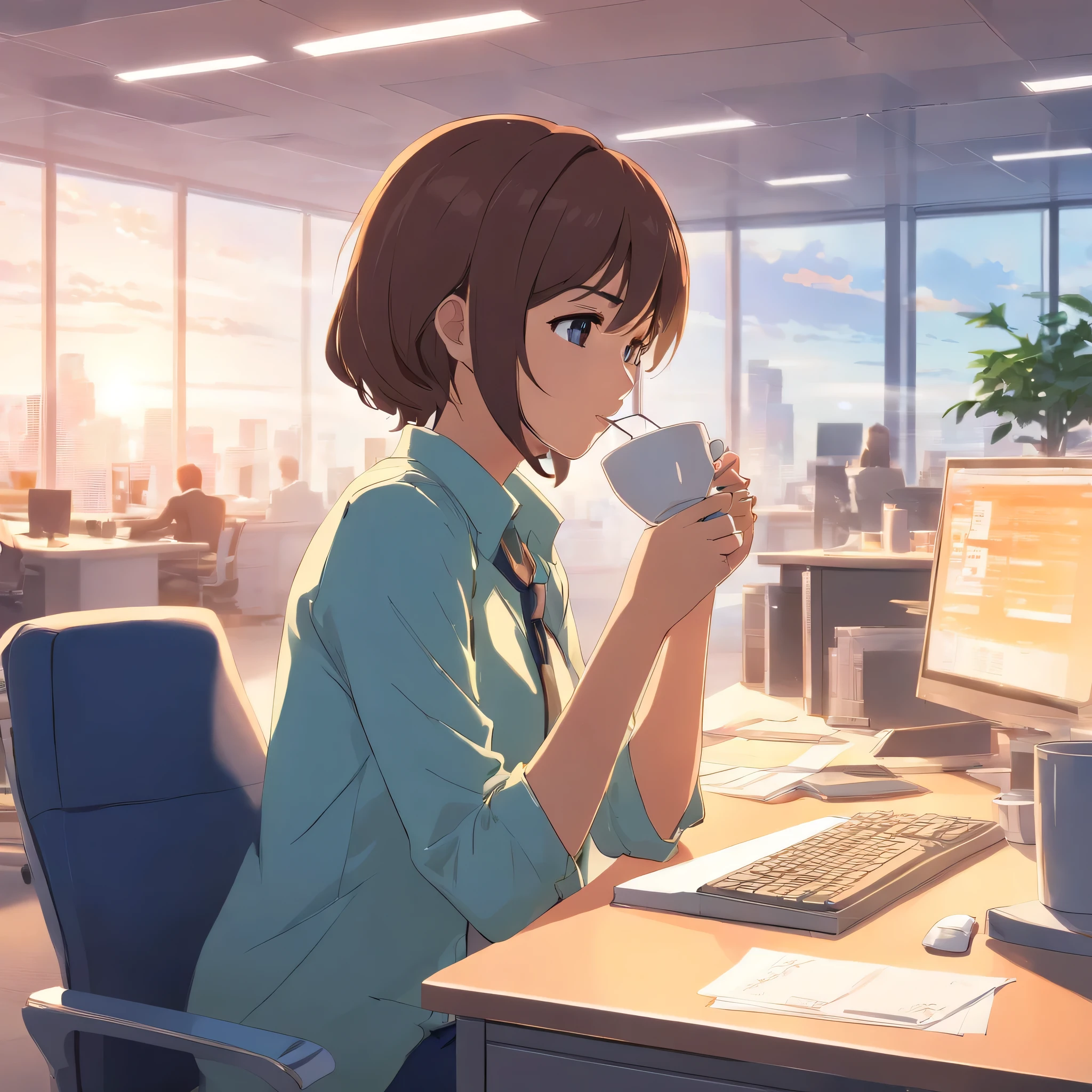 Working woman drinking coffee in the office,computer