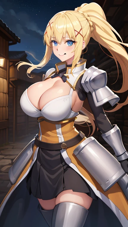 highest quality, High resolution, One girl, Long Hair, Blonde, x hair ornaments, armor, blue eyes, ponytail, hair ornaments, gloves, shoulder armor, Braiding, black gloves, Scapula, White boots, darkness \(KonoSuba\), ((Large Breasts)), ((Huge breasts)), Cowboy Shot, Dark city alleys , smile,