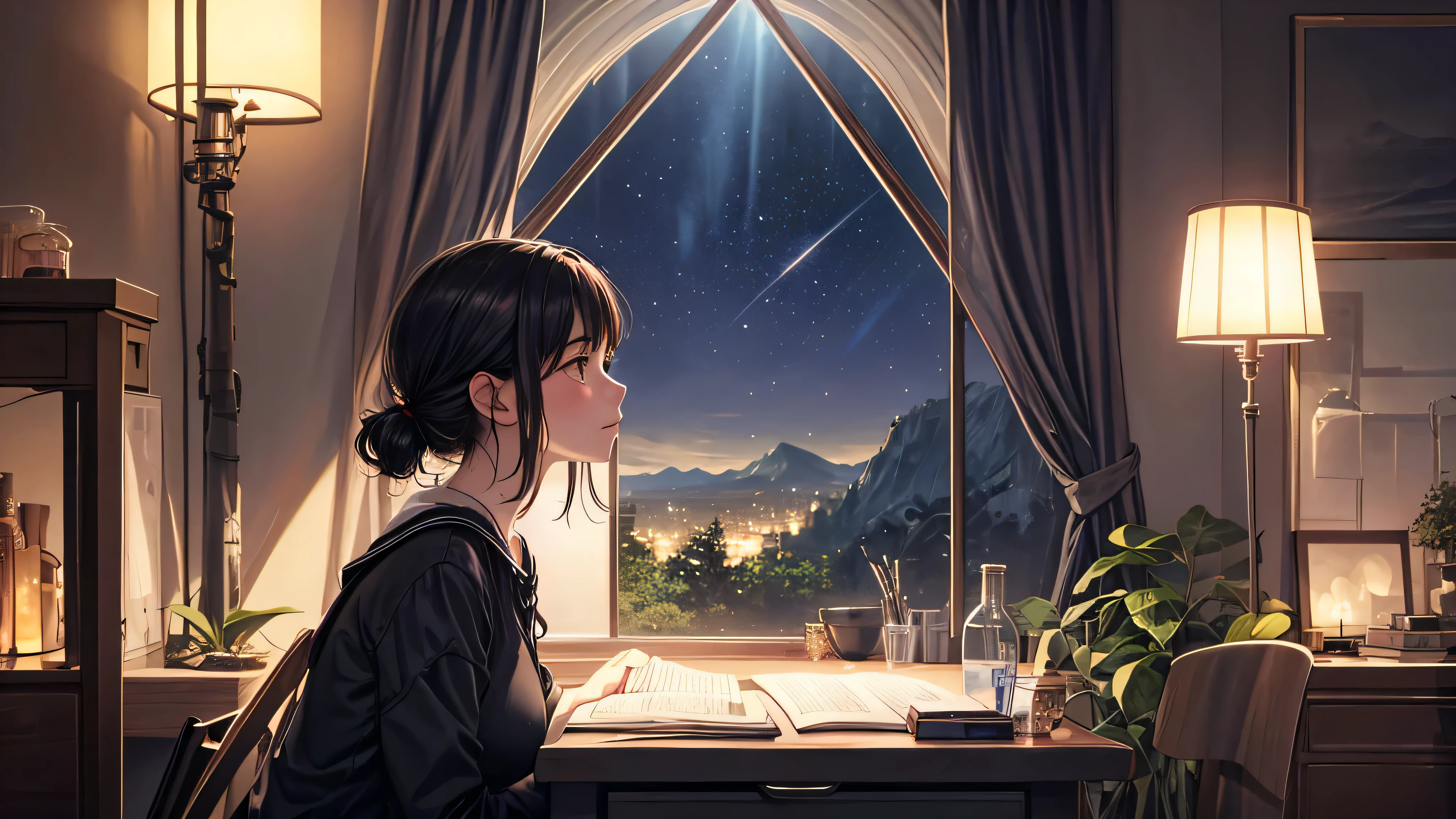 Singular light, alone, woman, face seen from the side, sideways, cosmic, fantsy, looking away:1.4, adult, busty, Ghibli-like design, living room, sitting, dark hair, studying, Completely, landscape orientation, side view, drink