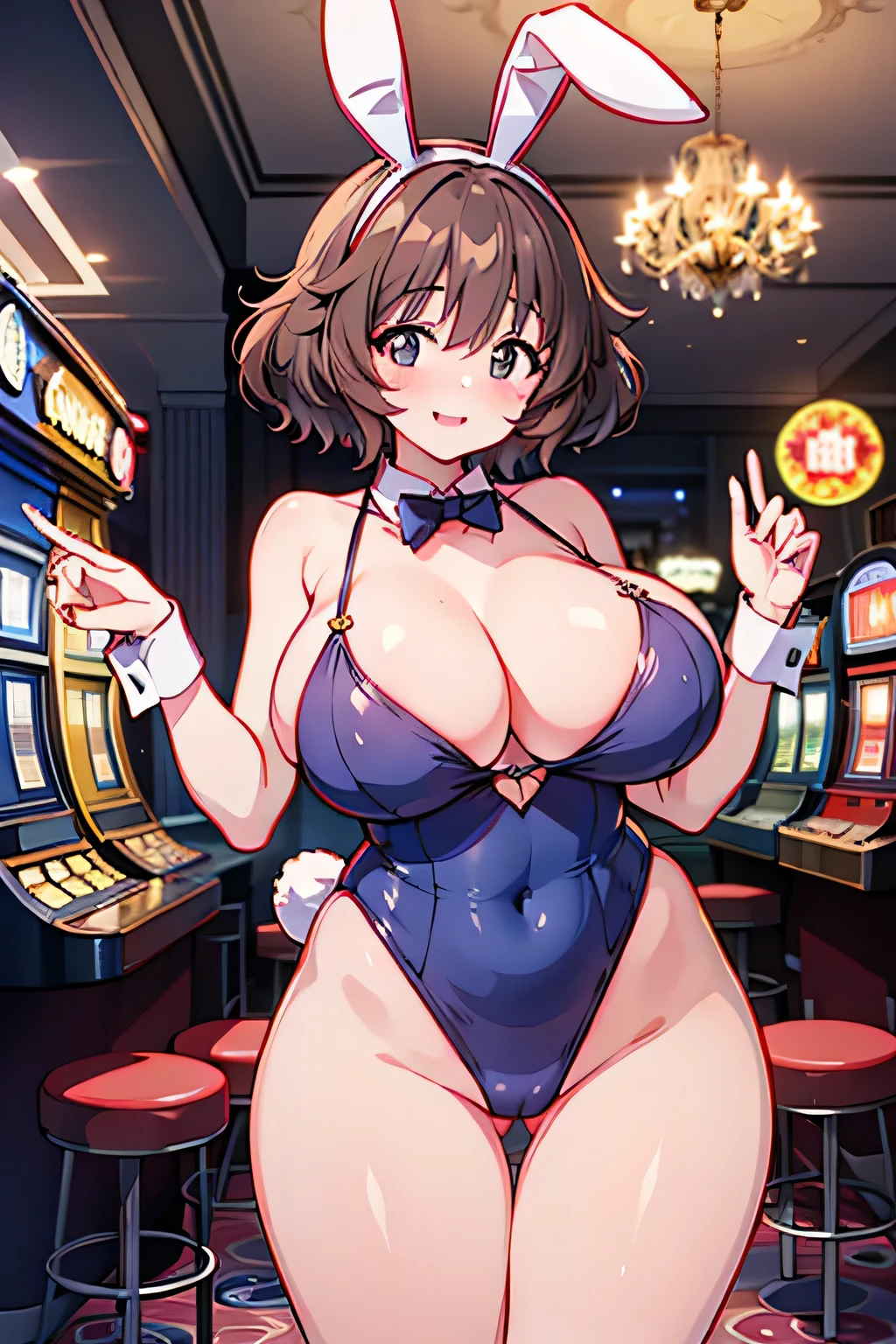 Anime illustration、Highest quality、cyber punk、Luxury Casino、Giant roulette wheel、Slot Machines、chandelier、Voluptuous gravure idol、Brown skinned bunny girl、Bunny ears、Perfect proportions、Big Breasts、Thick legs、Beautiful, shining eyes、smile、Cowboy Shot、Noise Reduction