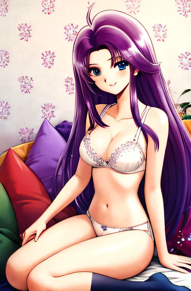 White underwear, Long Hair, blue eyes, Purple Hair, Cleavage, chest, 
Black socks,
smile, (highest quality:1.3),1 Girl,