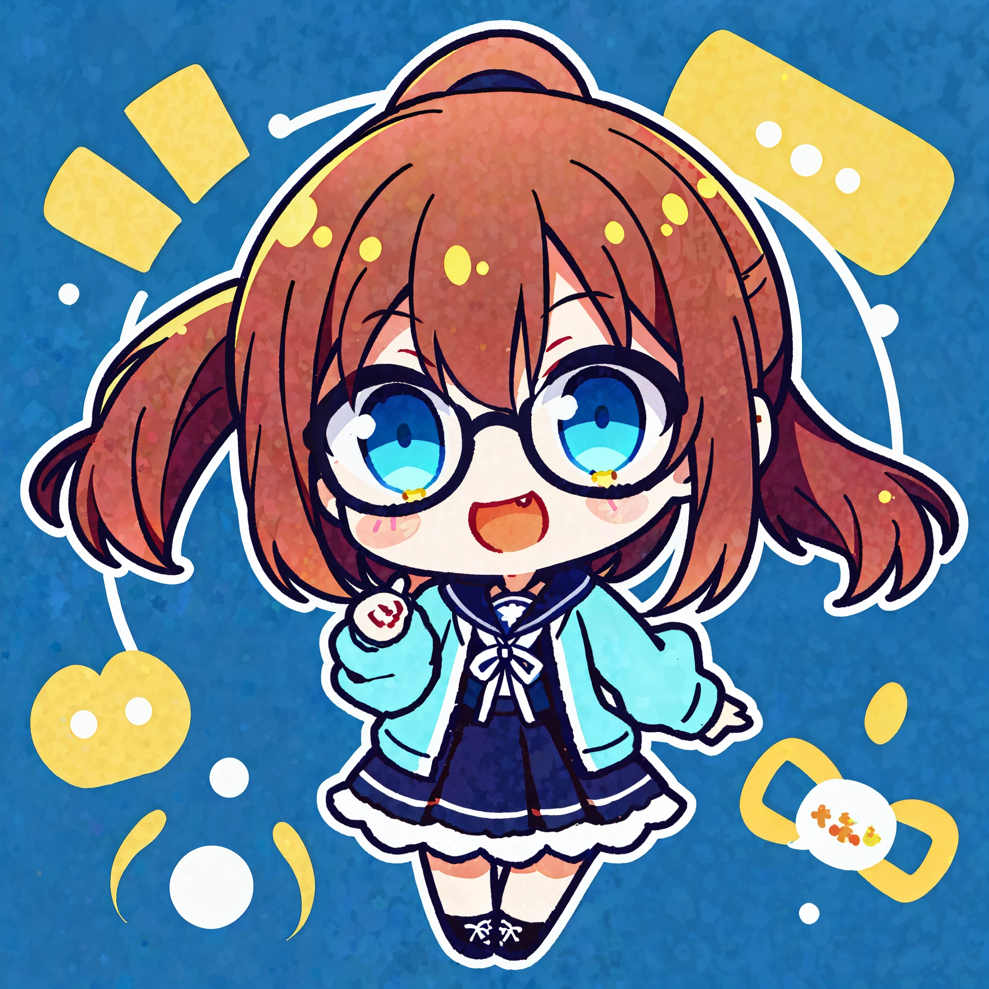1girll,tchibi,Buffy,mano,V logo,beckon,cheerfulness,Love you,Single ponytail,brown hair,blue color eyes,black-frame glasses,Gradient hair blue,Manteau blanc