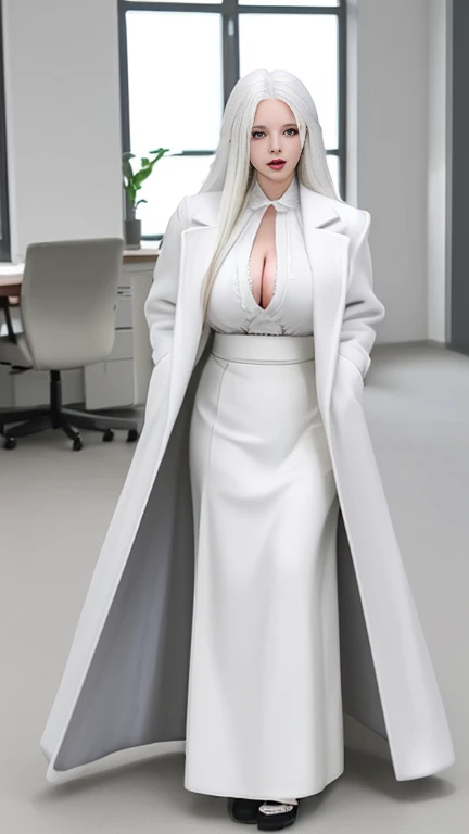 Beautiful girl,long white hair, big breasts wearing a coat, wear long skirt,sexy post in the office.