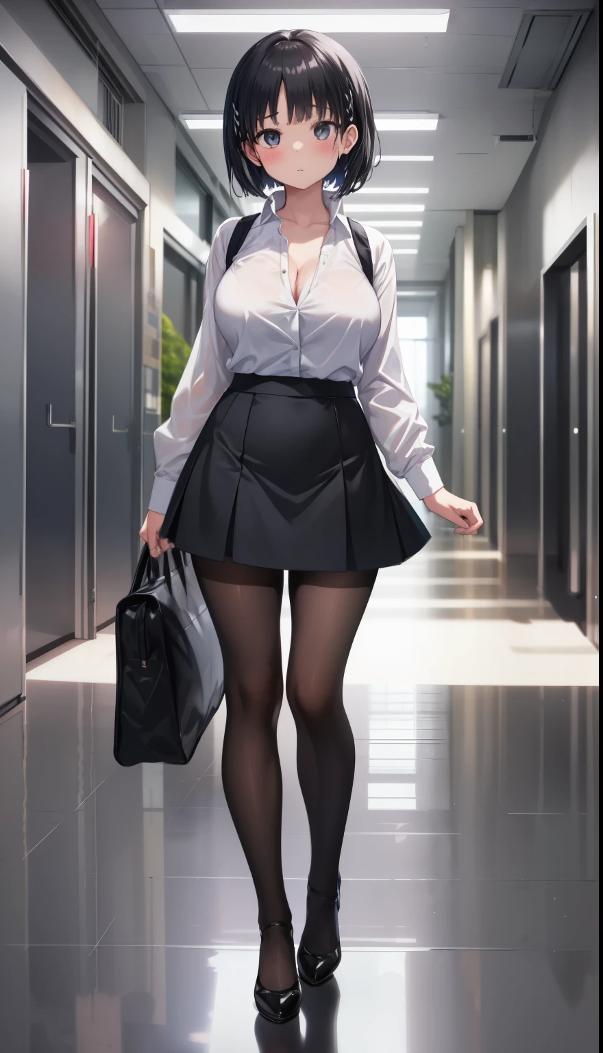 One Girl、positive、Standing posture、Full body portrait、Black Hair、Medium Haircut、blush、Absolute area、Black knee-high socks、Knee-length、stockings、Black Pantyhose、White underwear、Light blue shirt、Blue-gray business suit、Grey tight mini skirt、Japanese office lady、Summer clothes、classroom、Standing at the podium、Daytime、(Very large breasts)、Cleavage、open chest shirt、((Lesbians all over the world))、masterpiece、(highest quality)、
Panties around the ankles、Black high heels、Shirt buttons fly off
