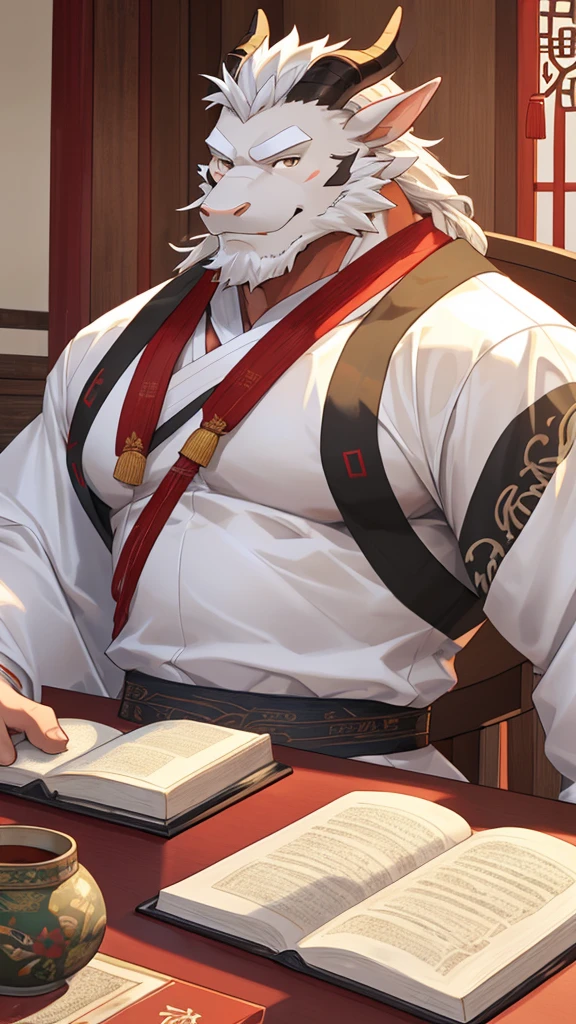 (white eastern dragon),furry,fuii body shot,white mustache,big pecs,hearty males,artbook,muscular,black Hanfu,holding_stylus,sitting_on_desk,adult,traditional_chinese_room