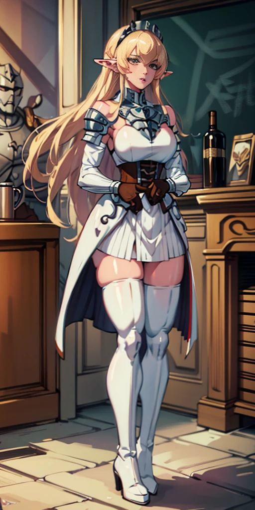 masterpiece, best quality, high quality, white SKIN elf, long hair, white hair, yellow eyes, full body, def_effie, blue breastplate, white skin, looking at viewer, shiny, armor, thigh highs, high boots, shoulder armor, faulds, poleyn, gloves, gauntlets