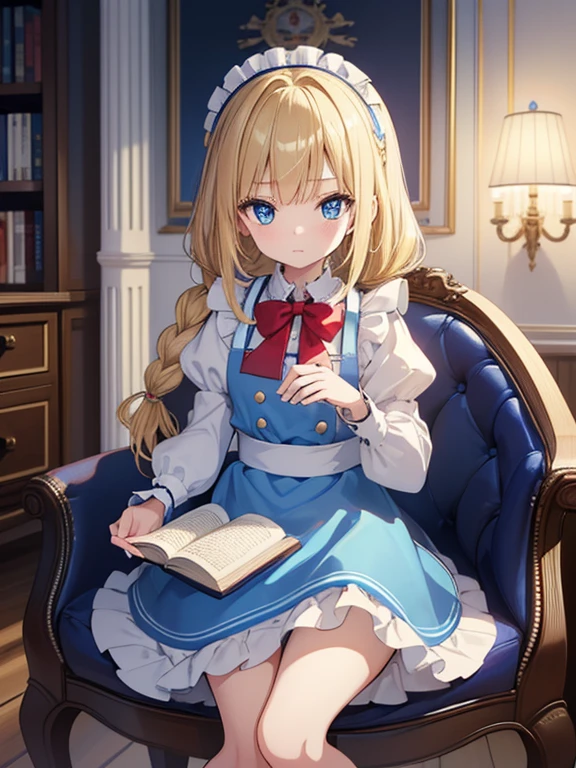 (8k, highest quality, Tabletop:1.2)、Artwork, figure, Wide angle, Ultra-high resolution、Alice in Wonderland, One ****************, Detailed face、blue eyes, Blonde, Braid, Blue Dress, White apron, Clothes with bulging sleeves, Long skirt, room with fireplace, chandelier, Sit on a chair, I read a book