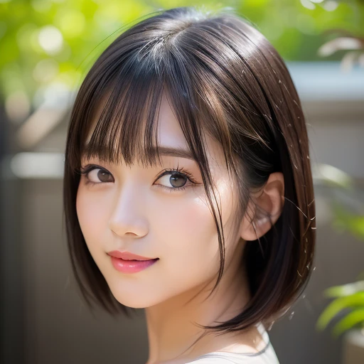 (highest quality:1.5)、(Realistic:1.5)、(1 person:1.5)、Very detailed、High resolution、8k、Detailed face、Natural color lips、Cute Smile、Japanese women、20-year-old girl、Beautiful and elegant face、Perfect and beautiful face、Balanced big eyes、Blue Eyes、Beautiful and elegant face、Natural double eyelids、Natural Bangs、Beautiful thin nose、Beautiful Skin、Fair skin、Medium Bob Hair、Natural Bangs、Perfect and beautiful face、Slim face and figure、(Staring at the camera with a cute expression)、Bright lighting、Professional Lighting、Forward lighting、Cute Smile、Look at the viewers、(Facial lighting)、Bright lighting、Professional Lighting、Forward lighting、