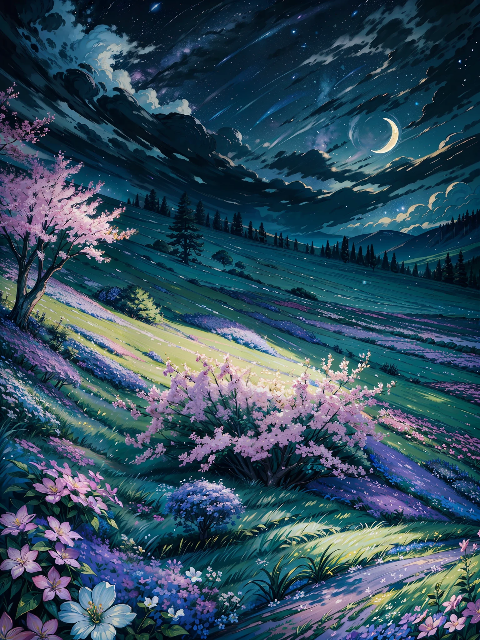 a painting of a night sky with a half moon, night sky full of flowers, lilac bushes, moonlight shining on wildflowers, detailed gouache paintings, stary night painting, trees and flowers, lush trees and flowers, field of flowers at night, realistic flowers oil painting, floral splash painting, cotton candy bushes, flowers and trees, luminescent oil painting