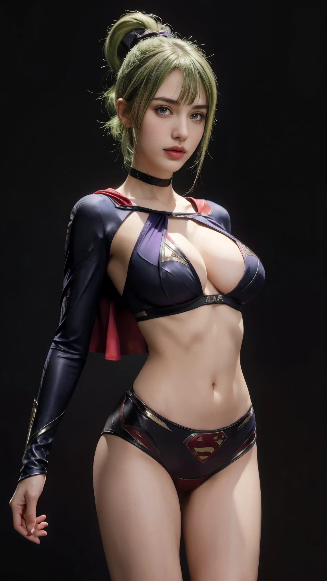 8K, Top Quality, Intricate Details, Ultra Detail, Ultra High Resolution, Masterpiece, close up shot, (full body: 1.1), Slender, Smile, (Makeup: 0.4), (Fluffy purple Eyes: 1.21), (()), 1girl, solo, 1 girl, ((green hair, bangs, high ponytail)), close up shot, , ((tall)), (((fit body))), (((slim face))), sharp face, (()) ,(detailed face), sharp face, small lips, ,
((,superman suit )), , ((,)),detailed face, detailed breast, , ((large breast, huge breast )), , Narrow Waist, Skinny, tall , 175 cm tall, Muscular, Navel, Exposed Abdomen, Pointed Chest,, Beautiful girl with accentuated slender abs: 1.4, Six Pack Abs: 1.4, Bust Botox, Big, Perfect Body, detail leg, (( dark background)), black background,