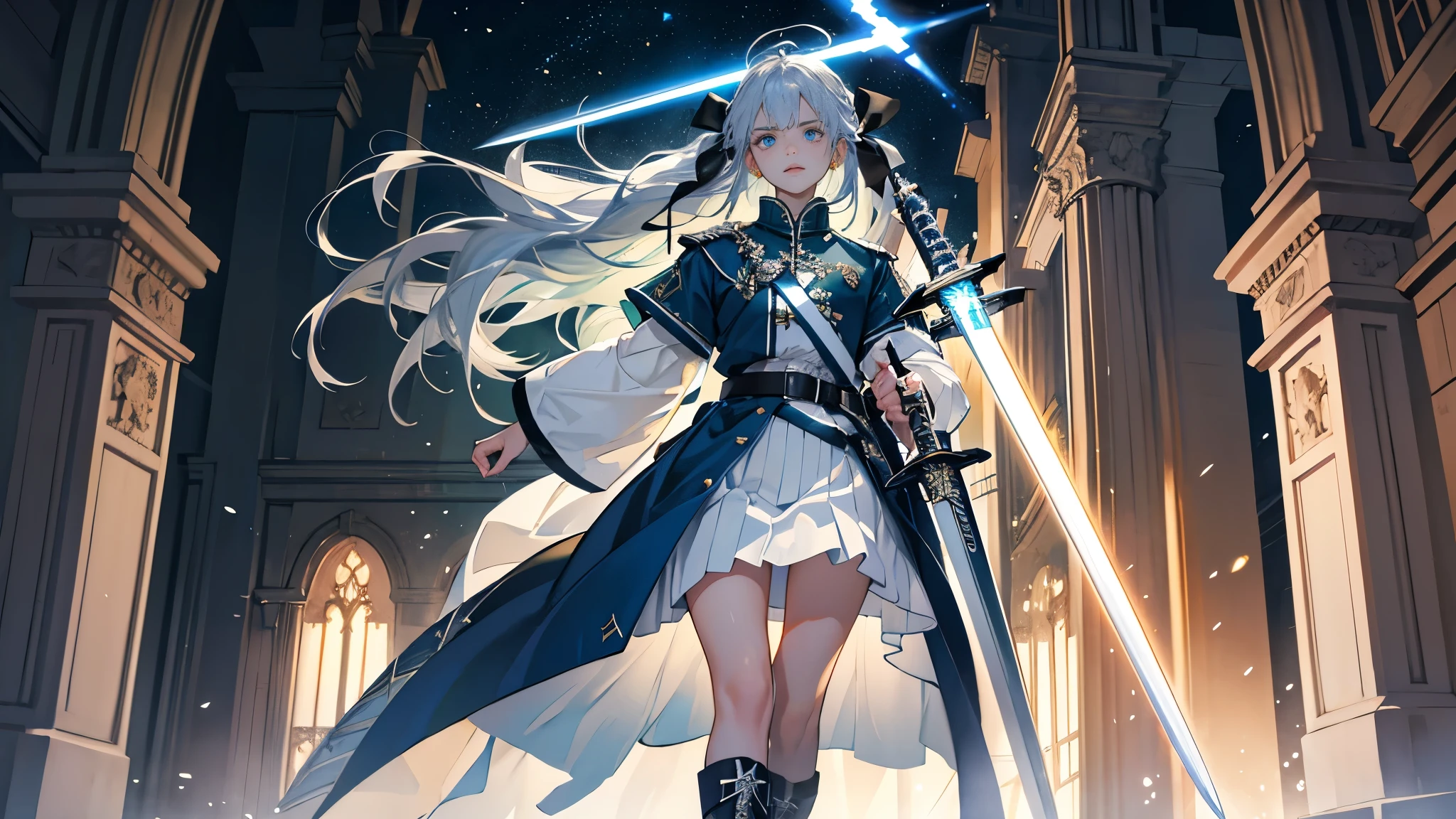 masterpiece, ultra detailed, 8k portrait, RAW photo, portrait photography, highly detailed face, beautiful and meticulous eyes, dark blue hair, long hair, blue eyes, white hair ribbon, green military uniform, green pleats mini skirt, white chest armor, white tights, half boots, spread legs, standing, (equip a beam sword:1.5), by the old castle, in mid night, from below