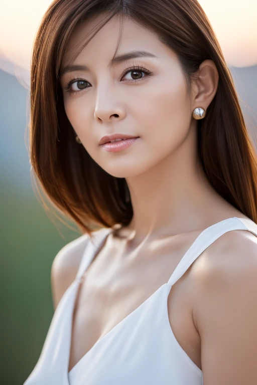 masterpiece, top-quality, high resolution, Photorealsitic, Raw photography, 8k wallpaper, flawless, profetional lighting, ighly detailed, depth of fields,Pale solid color background, ((one beautiful women, Japanese mature)), (48yo)), Female sexy, Detailed face, beautidful eyes, bangss, small breasts of good shape, Light Brown Straight Hair, Faint lips, ((Stand forward、Staring at the viewer, serious face eyes.)), White Dress, cowboy shot