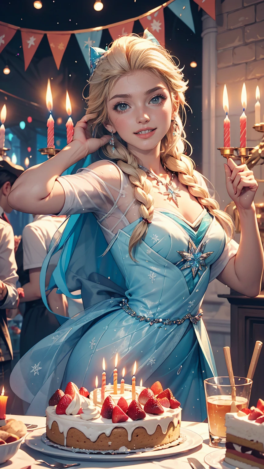 4〜6 people々A fun birthday party scene with lots of people, cake, Candles and Disney「Frozen」Elsa is standing in the background, Celebration style, Detailed depiction of the characters' facial structures, Bright colors overall, candles on the cake, Charles M. Schultz
