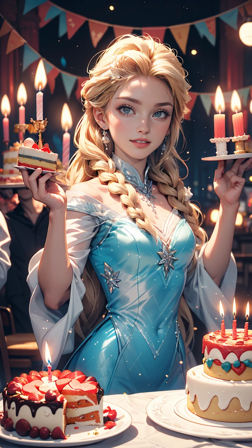 4〜6 people々A fun birthday party scene with lots of people, cake, Candles and Disney「Frozen」Elsa is standing in the background, Celebration style, Detailed depiction of the characters&#39; facial structures, Bright colors overall, candles on the cake, Charles M. Schultz 