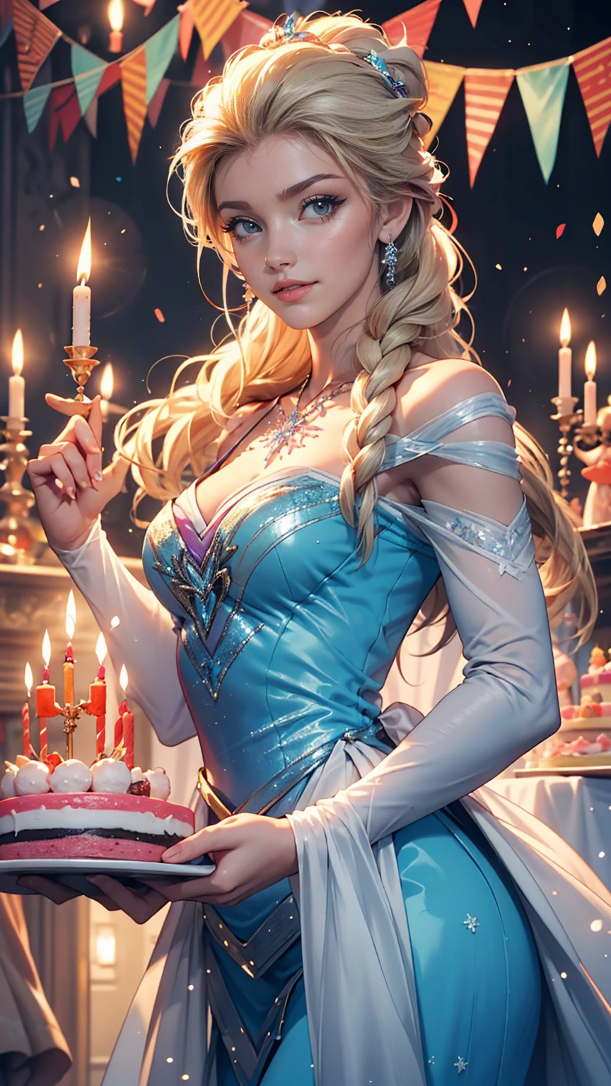 4〜6 people々A fun birthday party scene with lots of people, cake, Candles and Disney「Frozen」Elsa is standing in the background, Celebration style, Detailed depiction of the characters&#39; facial structures, Bright colors overall, candles on the cake, Charles M. Schultz 