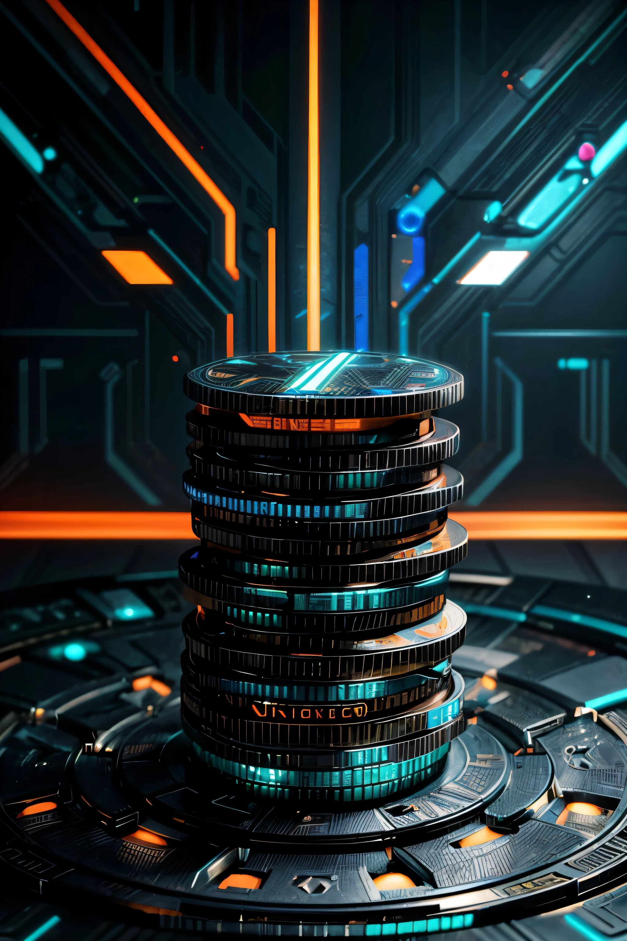 A close-up shot of futuristic cyberpunk-inspired coins arranged in a stack, their metallic surfaces reflecting neon lights and digital patterns, symbolizing the intersection of technology and finance. --ar 16:9