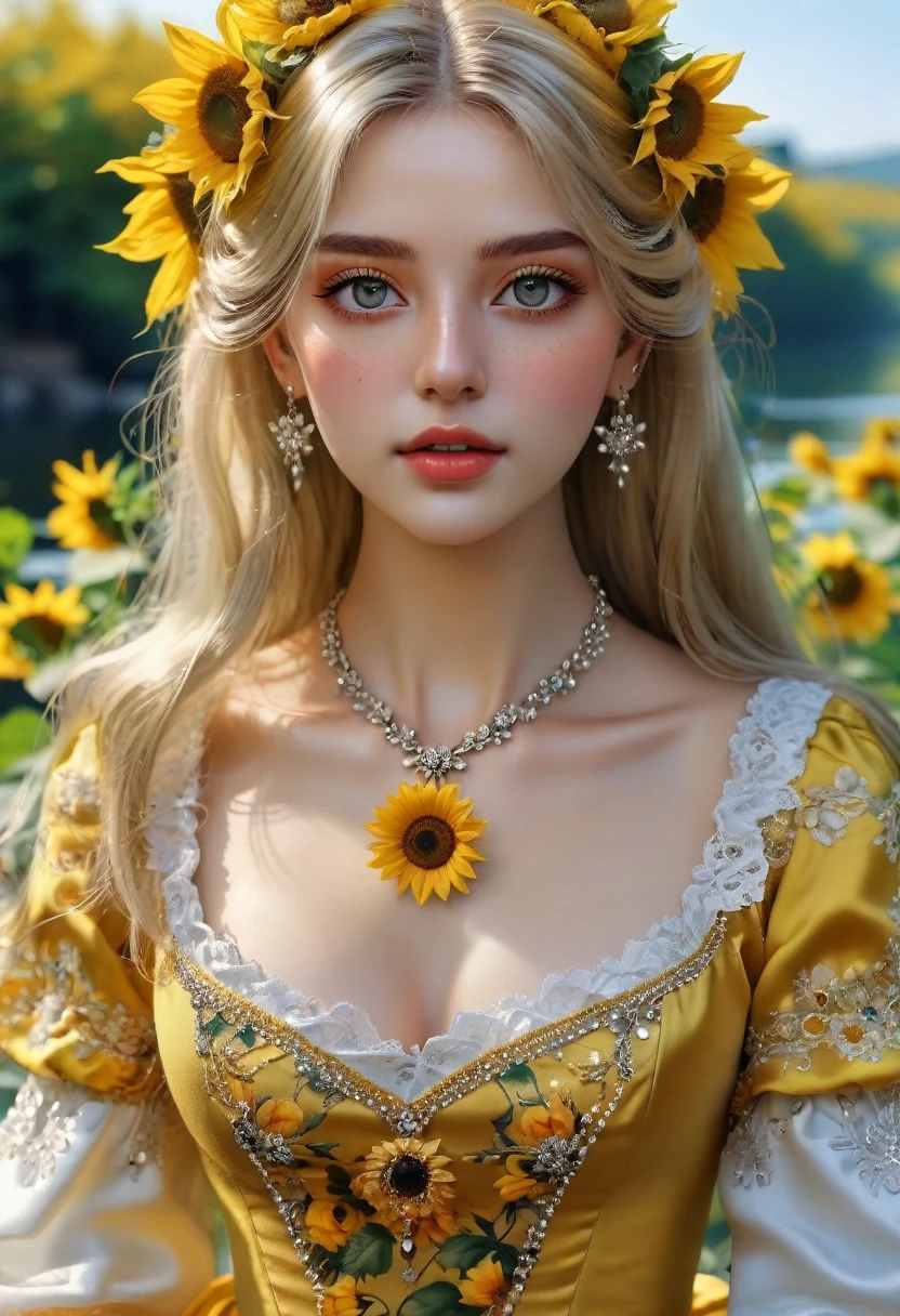 ( Absurd , high quality , ultra detailed ) ,( hand detailing ) , 1 girl, One, mature, very long hair, Sunflower hair , Beautiful crystal eyes ( eye detailed ) Baroque, necklace, long dress, long sleeve with slits, elegant, colorful, The most detailed, upper body , with river and sunflowers