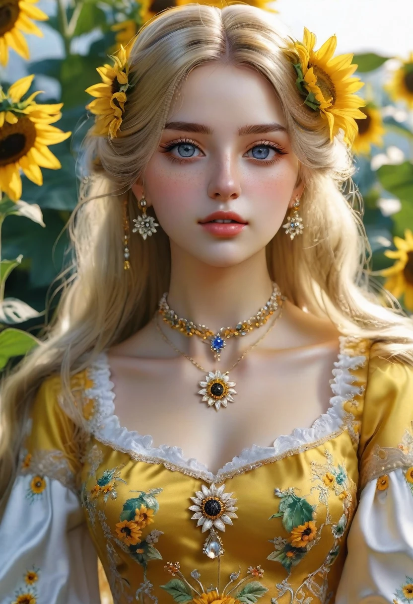 ( Absurd , high quality , ultra detailed ) ,( hand detailing ) , 1 girl, One, mature, very long hair, Sunflower hair , Beautiful crystal eyes ( eye detailed ) Baroque, necklace, long dress, long sleeve with slits, elegant, colorful, The most detailed, upper body , with river and sunflowers