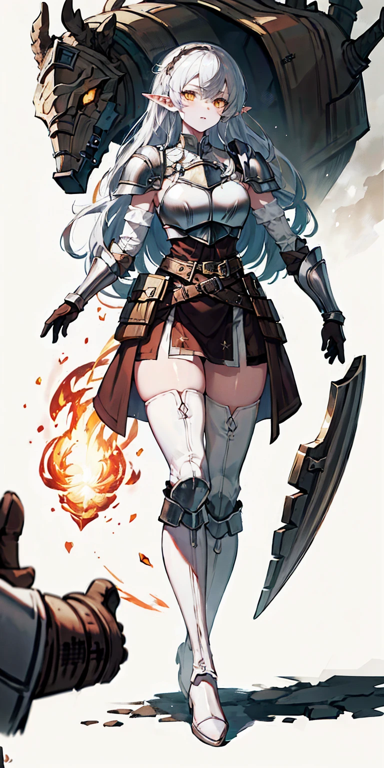 masterpiece, best quality, high quality, white SKIN elf, long hair, white hair, yellow eyes, full body, def_effie, blue breastplate, white skin, looking at viewer, shiny, armor, thigh highs, high boots, shoulder armor, faulds, poleyn, gloves, gauntlets