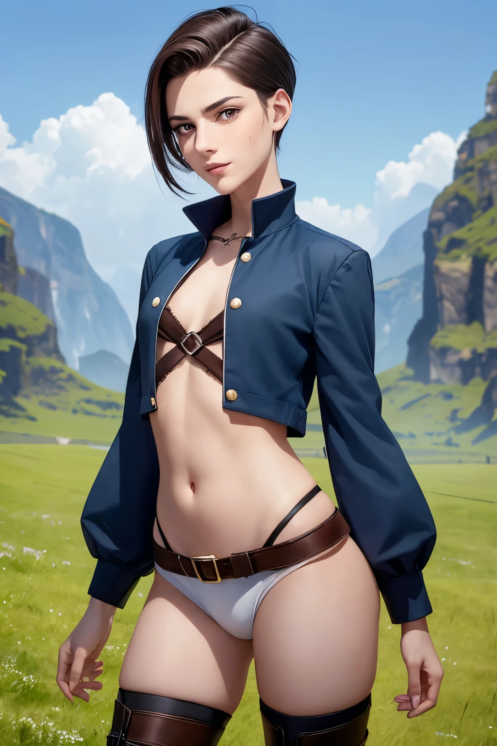 A happy young priestress with an undercut in a fantasy setting. Very androgynous looking. In a good mood. Sympathic. Tomboyish. Androgynous. Slim body. Very . Very small breasts. Wide hips. Thick legs. Face: Extremly pale skin with liverspots and freckles. Soft narrow face with a round chin. Soft small jaw. Big forehead. Very thin barely visible eyebrows. Upturned big dark-brown eyes. Dark-brown eyecolour. Very long and wide nose. Big curved lips. Very short dark-brown hair. A boyish short haircut. Undercut. Sides shaved. A fantasy outfit of a priestress. Background: Bright open wide green plains and a blue sky. 