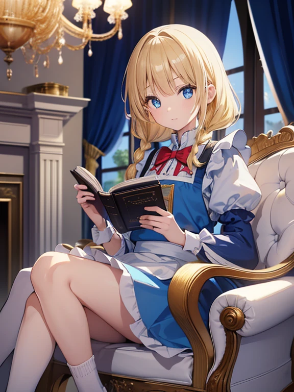 (8k, highest quality, Tabletop:1.2)、Ultra-high resolution、Alice in Wonderland, One -yeld gi Detailed face、blue eyes, Blonde, Braid, Blue Dress, White apron, Clothes with bulging sleeves, Long skirt, room with fireplace, chandelier, Sit on a chair, I read a book