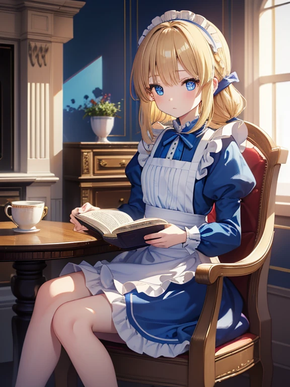 (8k, highest quality, Tabletop:1.2)、Ultra-high resolution、Alice in Wonderland, One ****************, Detailed face、blue eyes, Blonde, Braid, Blue Dress, White apron, Clothes with bulging sleeves, Long skirt, room with fireplace, chandelier, Sit on a chair, I read a book