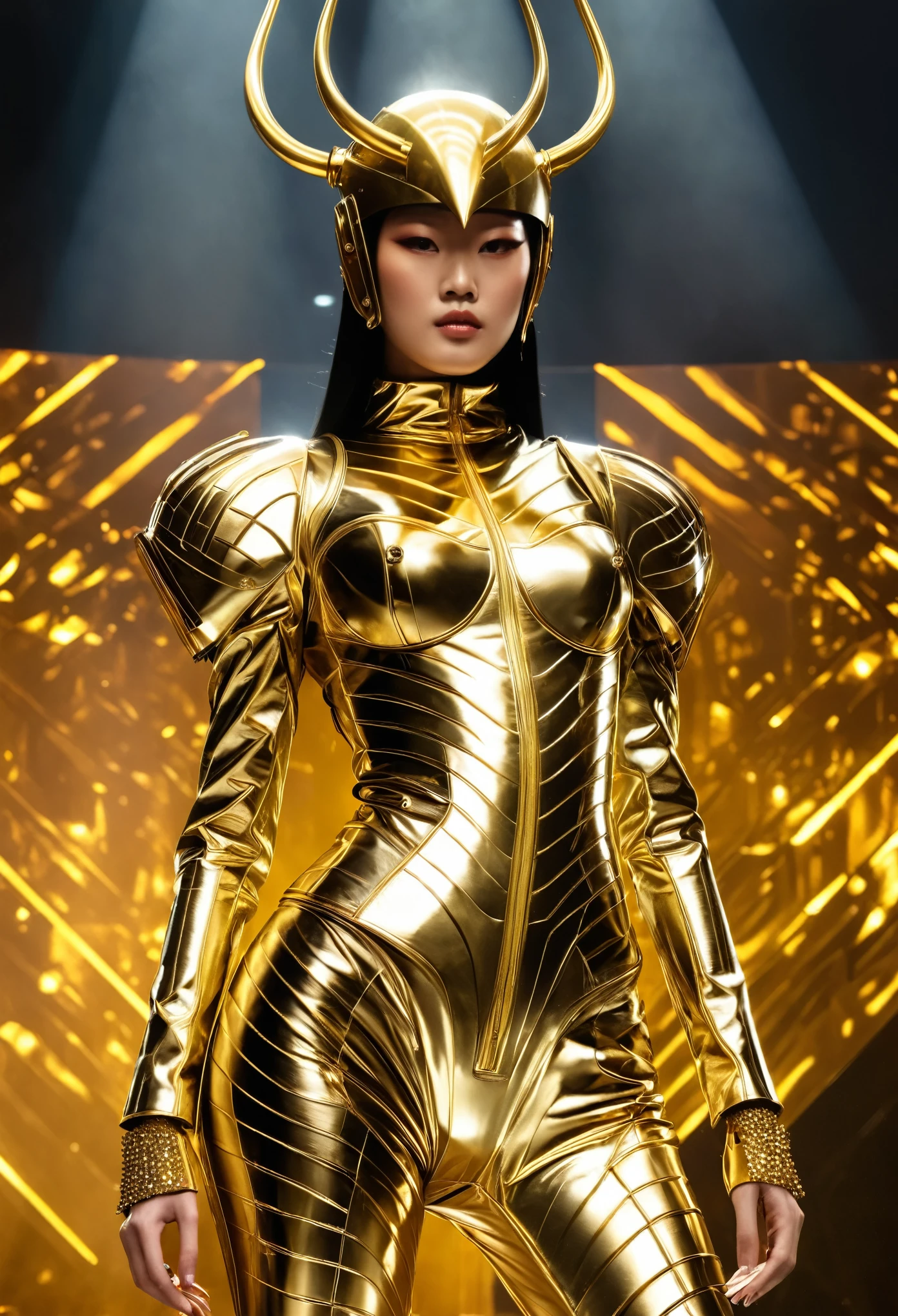 Hieronymus Bosch, Balenciaga style stage idol outfit, golden armor style, detailed surreal female idol, fashion magazine cover, extremely beautiful idol wearing golden Japanese style futuristic idol outfit, made of embossed metal with black decorative details, Bold poses, concert scene, ultra-realistic, high resolution, very sharp and focused, idol stage, golden stage background, cinematic light effects. Anatomically correct: 2. Anatomically correct: 2. Anatomically Correct: 2