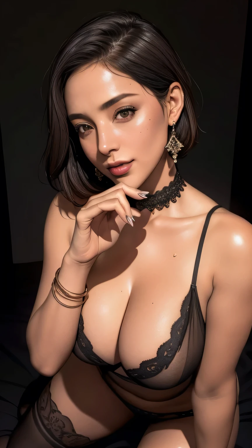 Sexy pose, night, Latina, face, Sweaty, ((masterpiece)), ((highest quality)), ((Intricate details)), (Surreal)), An absurd solution,, Mature Woman, perspective, Very detailed, figure, ((One girl)), (((big)), Perfect hands, Detailed fingers, Beautiful fine details, short hair, Brown eyes, Cleavage, Rainbow Dress, Black Choker, Earrings, stockings, Detailed Background, Perfect Eyes, Viewers from the front,