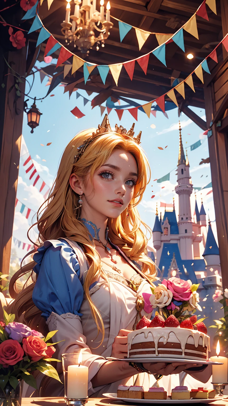 4〜6 people々A fun birthday party scene with lots of people, cake, Candles and Disney「Rapunzel in the Tower」Rapunzel stands in the background, Celebration style, Detailed depiction of the characters' facial structures, Bright colors overall, candles on the cake, Charles M. Schultz