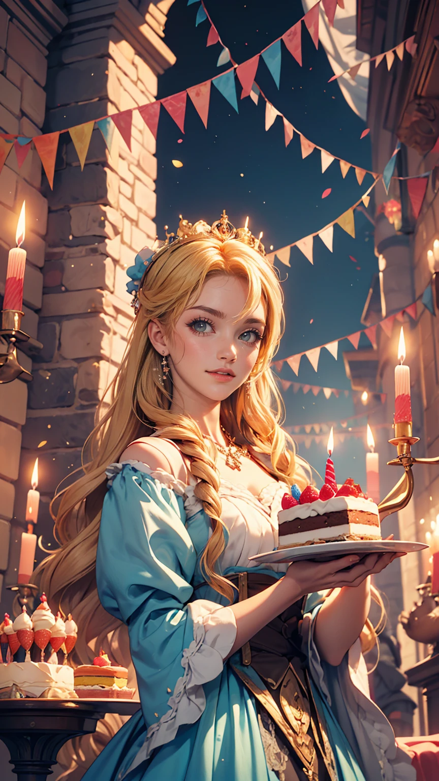 4〜6 people々A fun birthday party scene with lots of people, cake, Candles and Disney「Rapunzel in the Tower」Rapunzel stands in the background, Celebration style, Detailed depiction of the characters' facial structures, Bright colors overall, candles on the cake, Charles M. Schultz