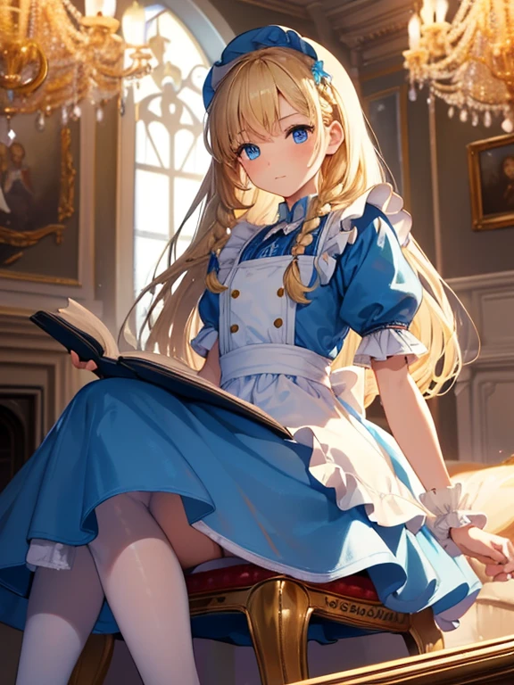 (8k, highest quality, Tabletop:1.2)、Ultra-high resolution、Alice in Wonderland, One , Detailed face、blue eyes, Blonde, Braid, Blue Dress, White apron, Clothes with bulging sleeves, Long skirt, room with fireplace, chandelier, Sit on a chair, I read a book