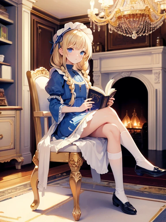 (8k, highest quality, Tabletop:1.2)、Ultra-high resolution、Alice in Wonderland, One 12-year-old girl, Detailed face、blue eyes, Blonde, Braid, Blue Dress, White apron, Clothes with bulging sleeves, Long skirt, room with fireplace, chandelier, Sit on a chair, I read a book