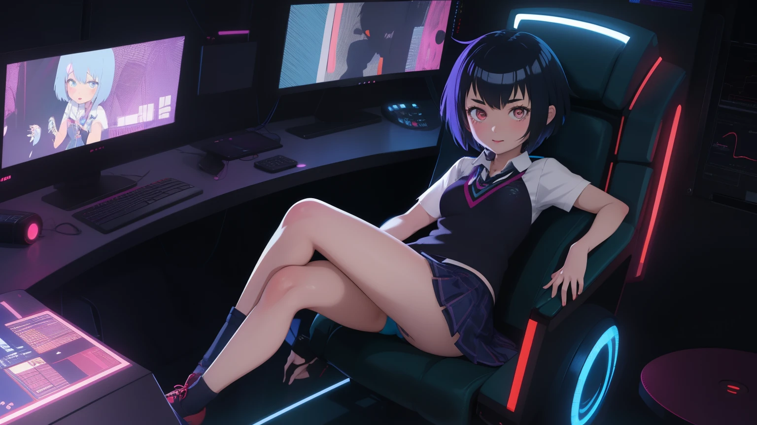 anime girl, peni parker , looking Carefree , sitting in an armchair in a booth , seios planos , olographic panel, olographic monitors, cyberpunk, control center, working with olographic panel, mini-skirt, pantie , led Blue light. Front.
