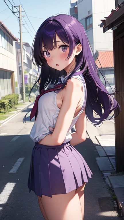 masterpiece、highest quality、Very detailed、Photograph the upper body、1 female、(Arms behind your back:1.4)、Are standing、Turn your body forward、View your viewers、(school uniform)、break,blush、shy、Purple Hair、Open your mouth、School corridor、Big Breasts、