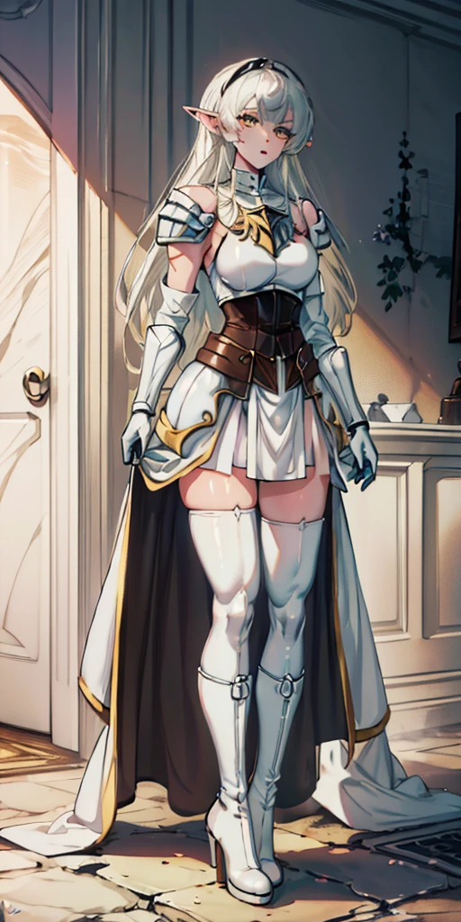 masterpiece, best quality, high quality, white SKIN elf, long hair, white hair, yellow eyes, full body, def_effie, blue breastplate, white skin, looking at viewer, shiny, armor, thigh highs, high boots, shoulder armor, faulds, poleyn, gloves, gauntlets