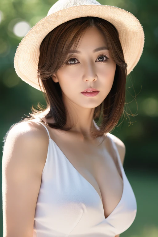 masterpiece, top-quality, high resolution, Photorealsitic, Raw photography, 8k wallpaper, flawless, profetional lighting, ighly detailed, depth of fields,Pale solid color background, ((one beautiful women, Japanese mature)), (48yo)), Female sexy, Detailed face, beautidful eyes, bangss, small breasts of good shape, Light Brown Straight Hair, Faint lips, ((Stand forward、Staring at the viewer, serious face eyes.)), White Dress, cowboy  shot