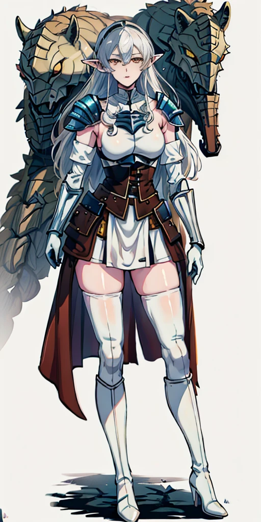 masterpiece, best quality, high quality, white SKIN elf, long hair, white hair, yellow eyes, full body, def_effie, blue breastplate, white skin, looking at viewer, shiny, armor, thigh highs, high boots, shoulder armor, faulds, poleyn, gloves, gauntlets