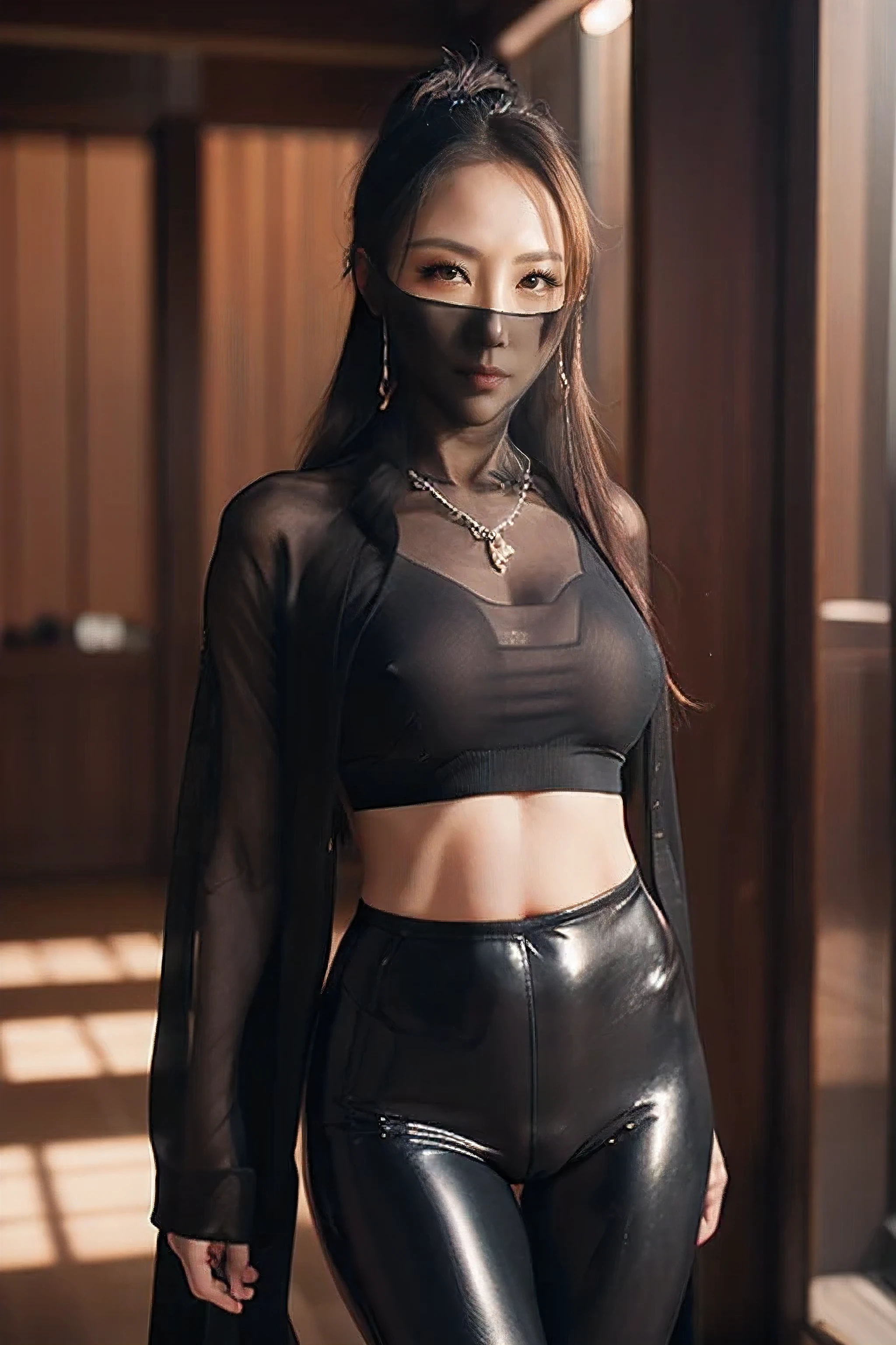 (Age 45, Mature) (Beautiful Korean woman, long, long_hair), masterpiece, wearing face veil and black shiny leggings and a midriff, (thigh thigh gap 1.1), hourglass_figure, detailed facial features, detailed, symmetry, cinematic lighting, soft lighting 