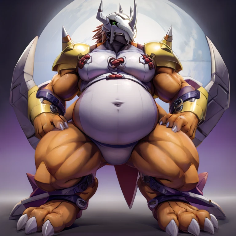 Digimon Wargreymon, big belly, swollen soles, arms on hips